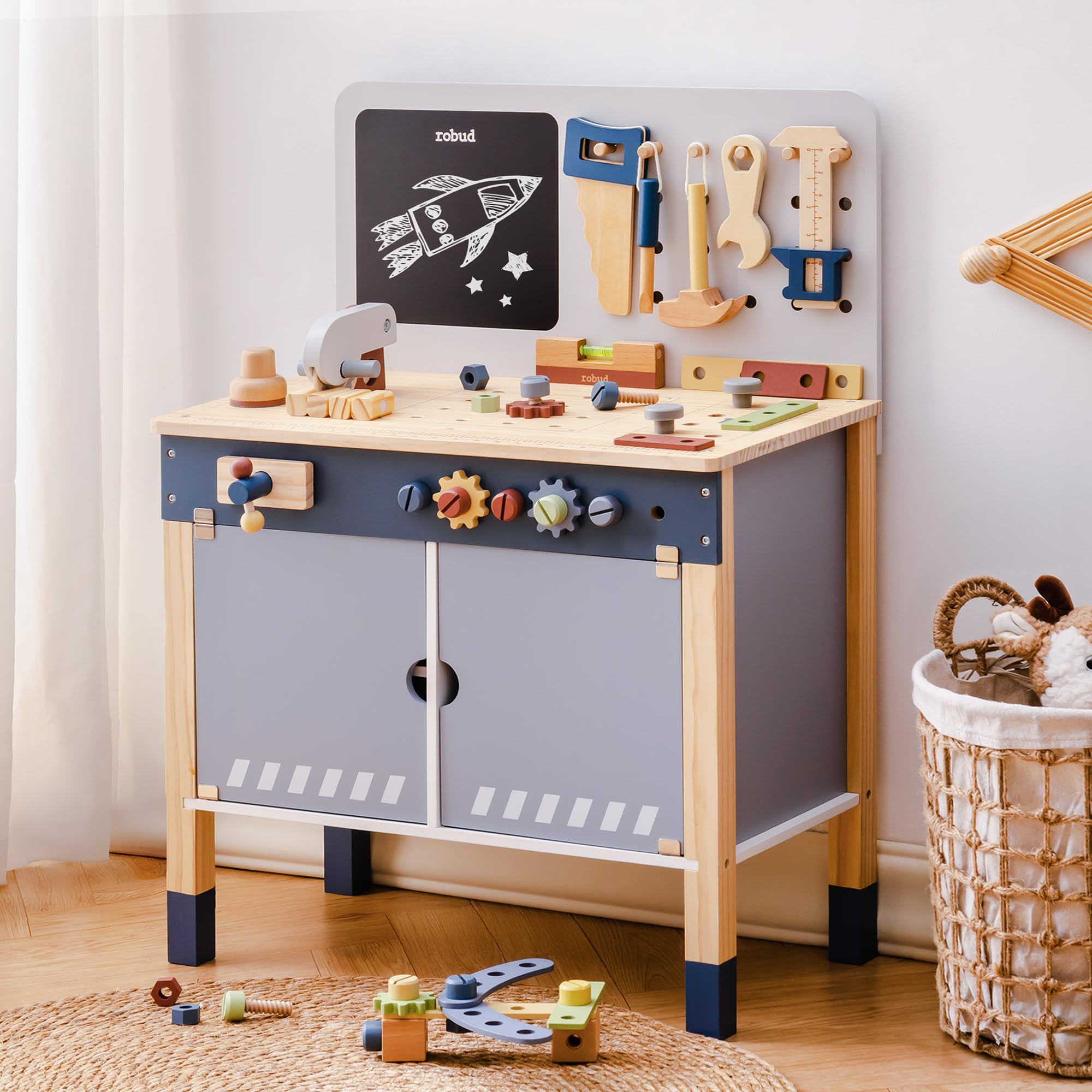 Tools Workshop For Kids - ROBUD Wooden Toy Workbench Pretend Play